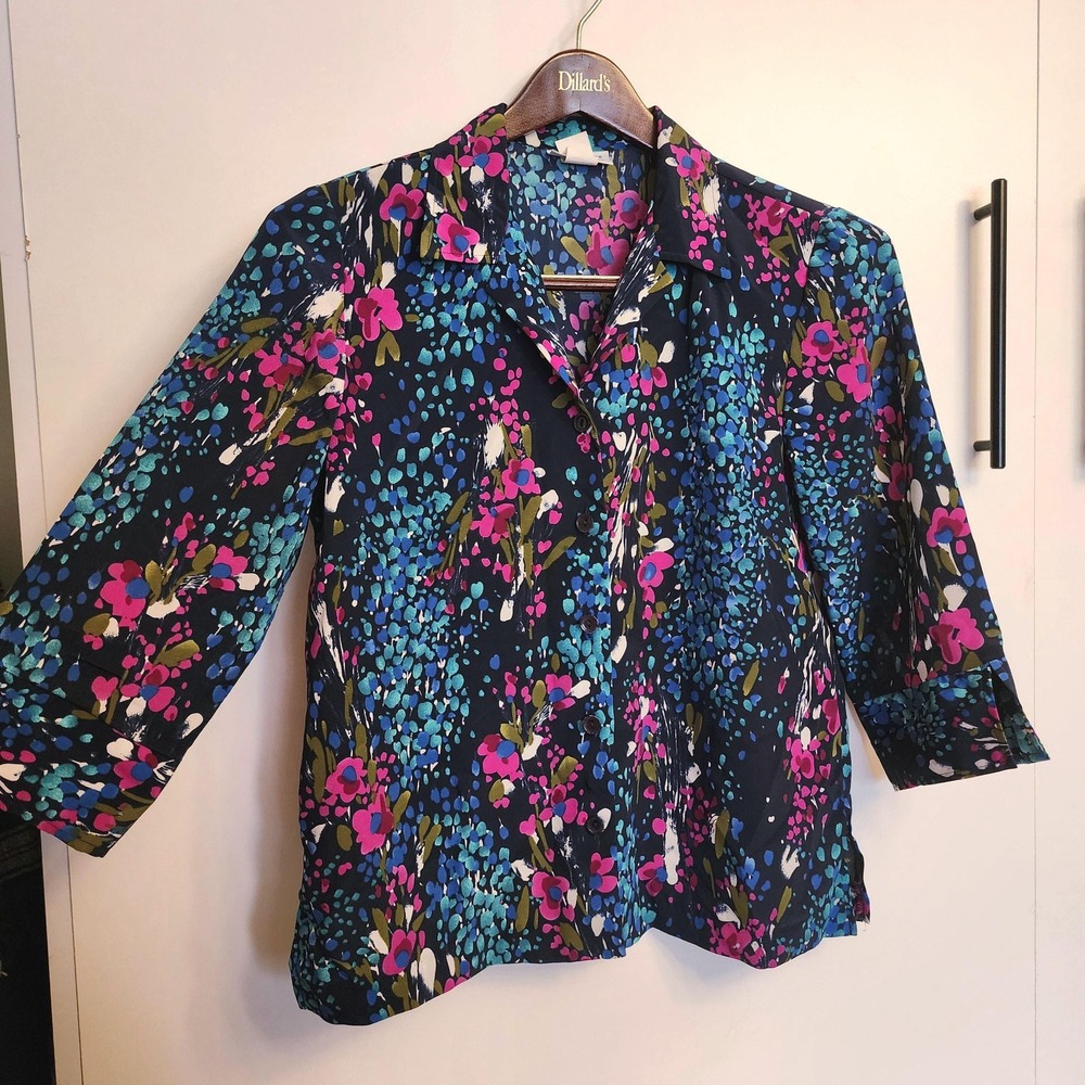 Blair Womens Floral Collared Blouse Dark Blue Pink Retro 3/4 Sleeve Top Size SML